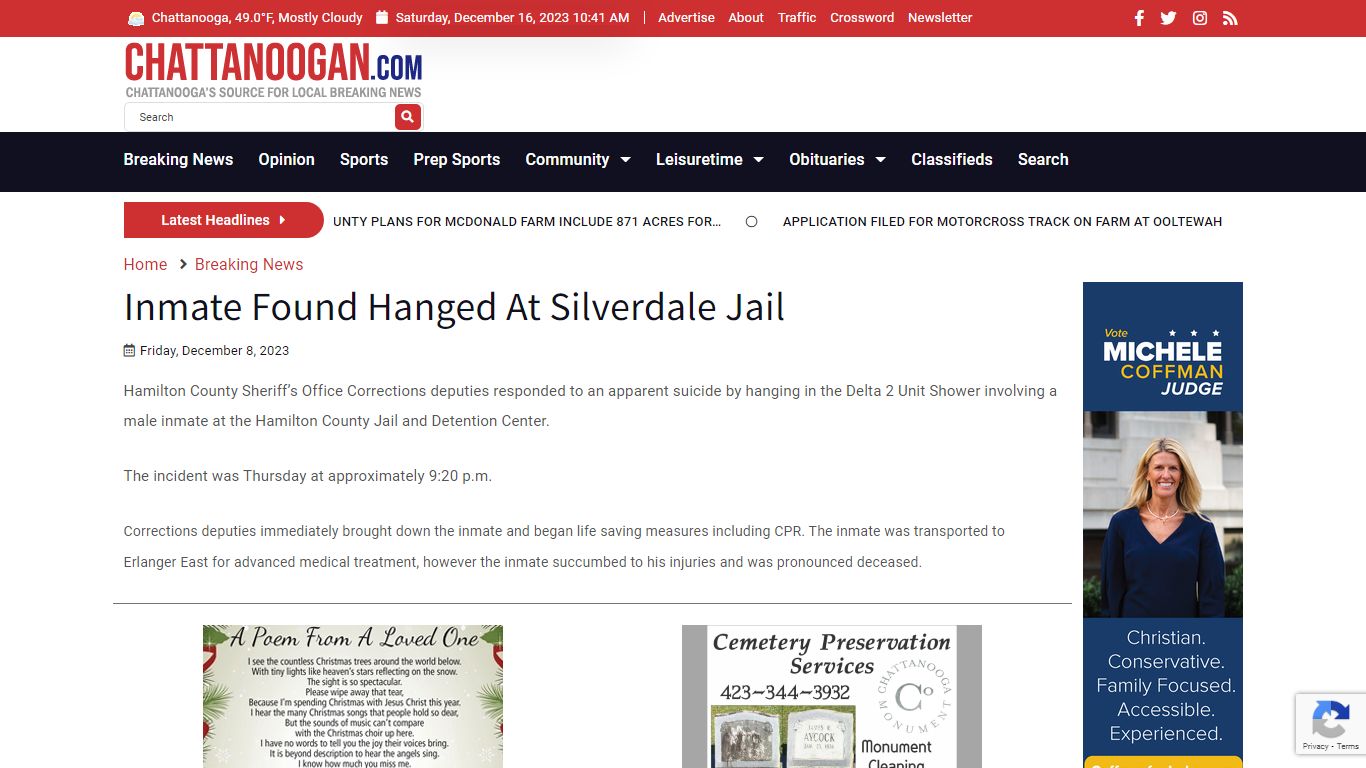 Inmate Found Hanged At Silverdale Jail - Chattanoogan.com